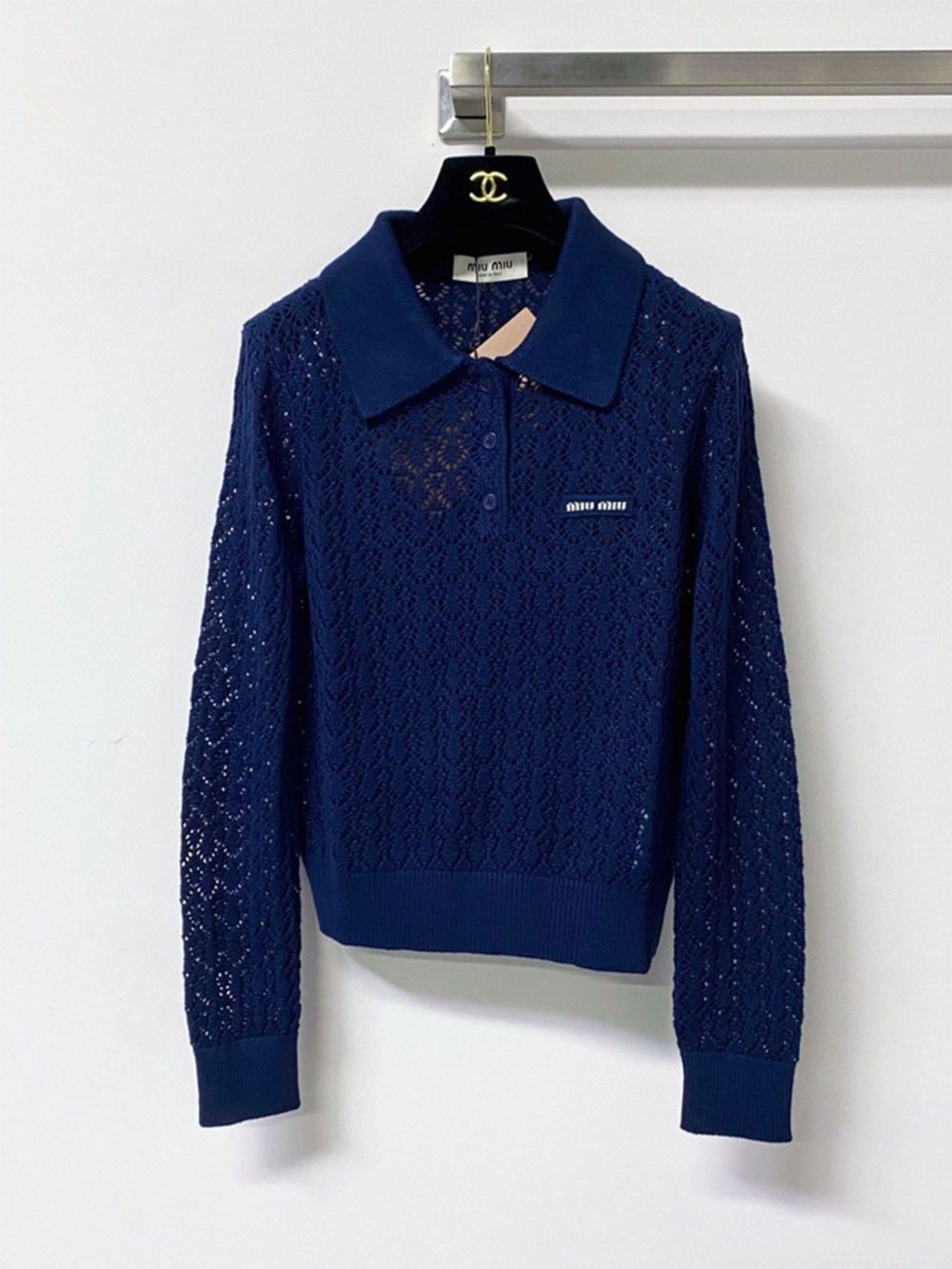 Miu Miu Navy Blue Open‑Knit Polo Collar Cropped Long Sleeve Top NWT